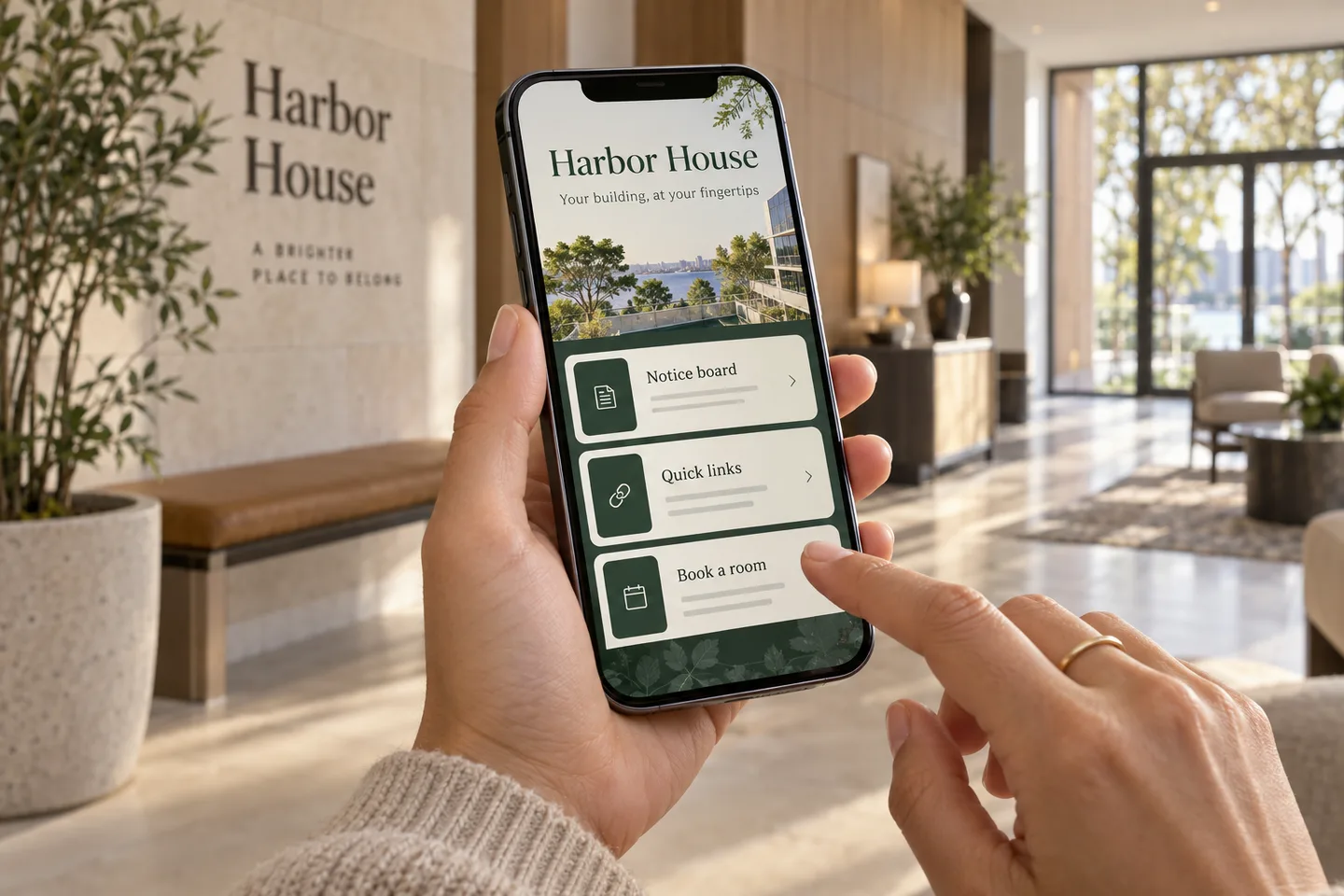 Concept of a resident using a building hub on their phone