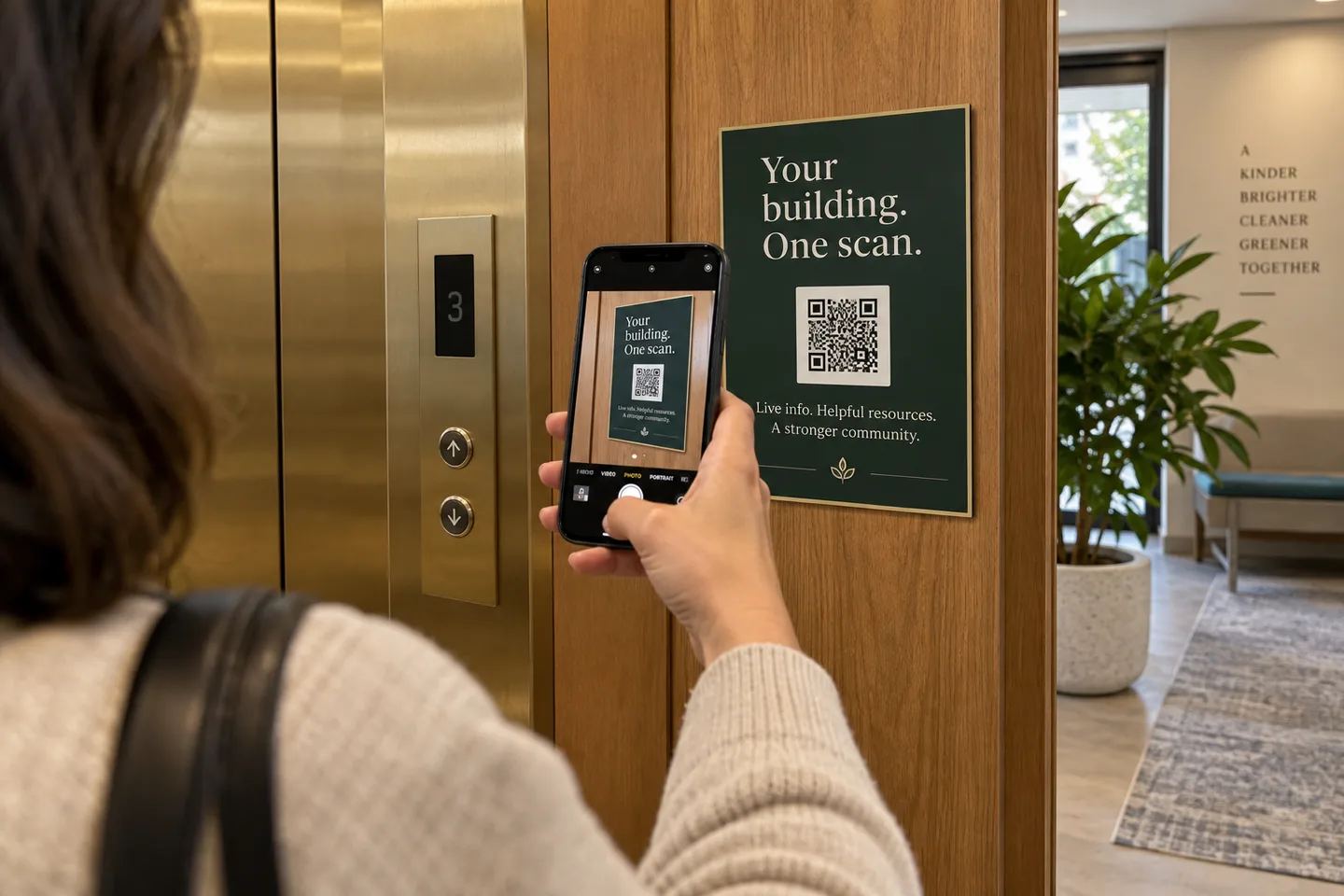 Concept of a resident scanning a QR placard beside an elevator