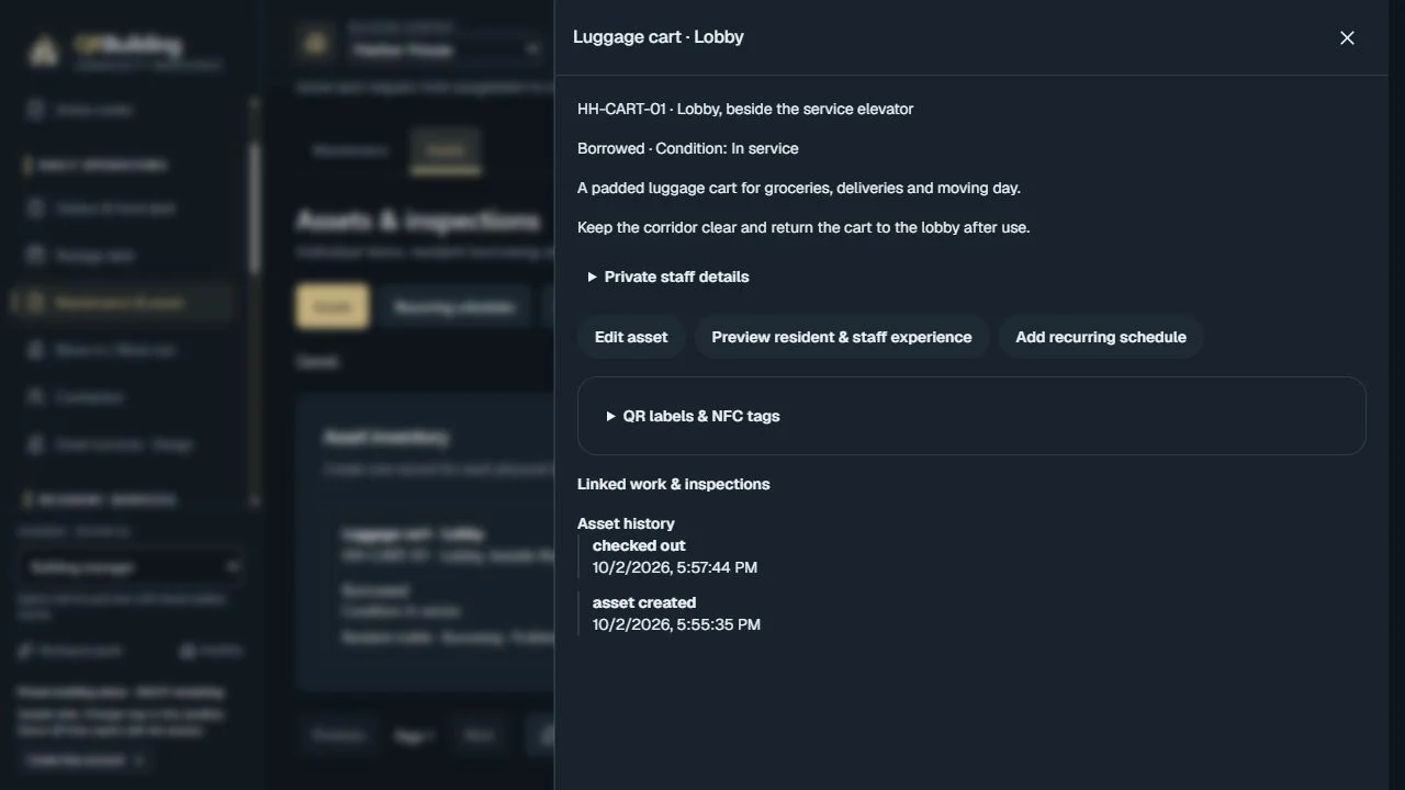 Luggage-cart asset record with borrowing status, QR labels, linked work and history.