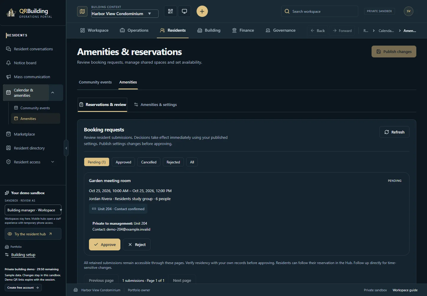 Operations Portal · reservations. Management reviews a resident’s reservation time, purpose and verified contact before approving or rejecting it. Decisions use the building’s published booking rules.