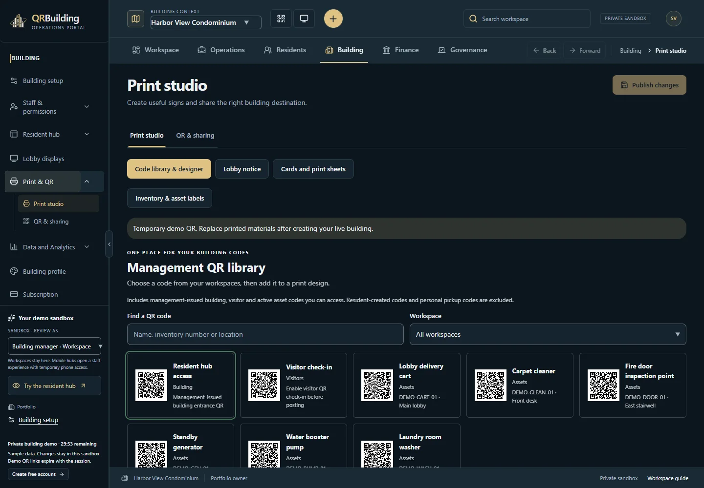Operations Portal · QR code library. Management selects a print format and QR destination. The preview helps staff check the layout before printing and placing the notice.