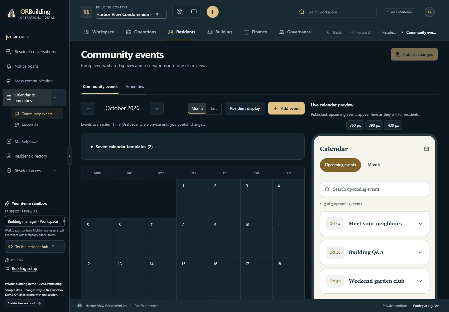 Operations Portal · community events. Management maintains upcoming events and their location and schedule. The published calendar gives residents a consistent source of event details.