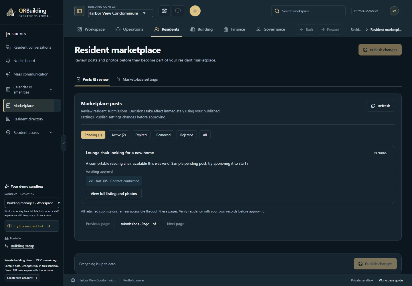 Operations Portal · marketplace moderation. Management reviews resident submissions before they appear in the building marketplace. Pending, active and removed posts remain distinct.