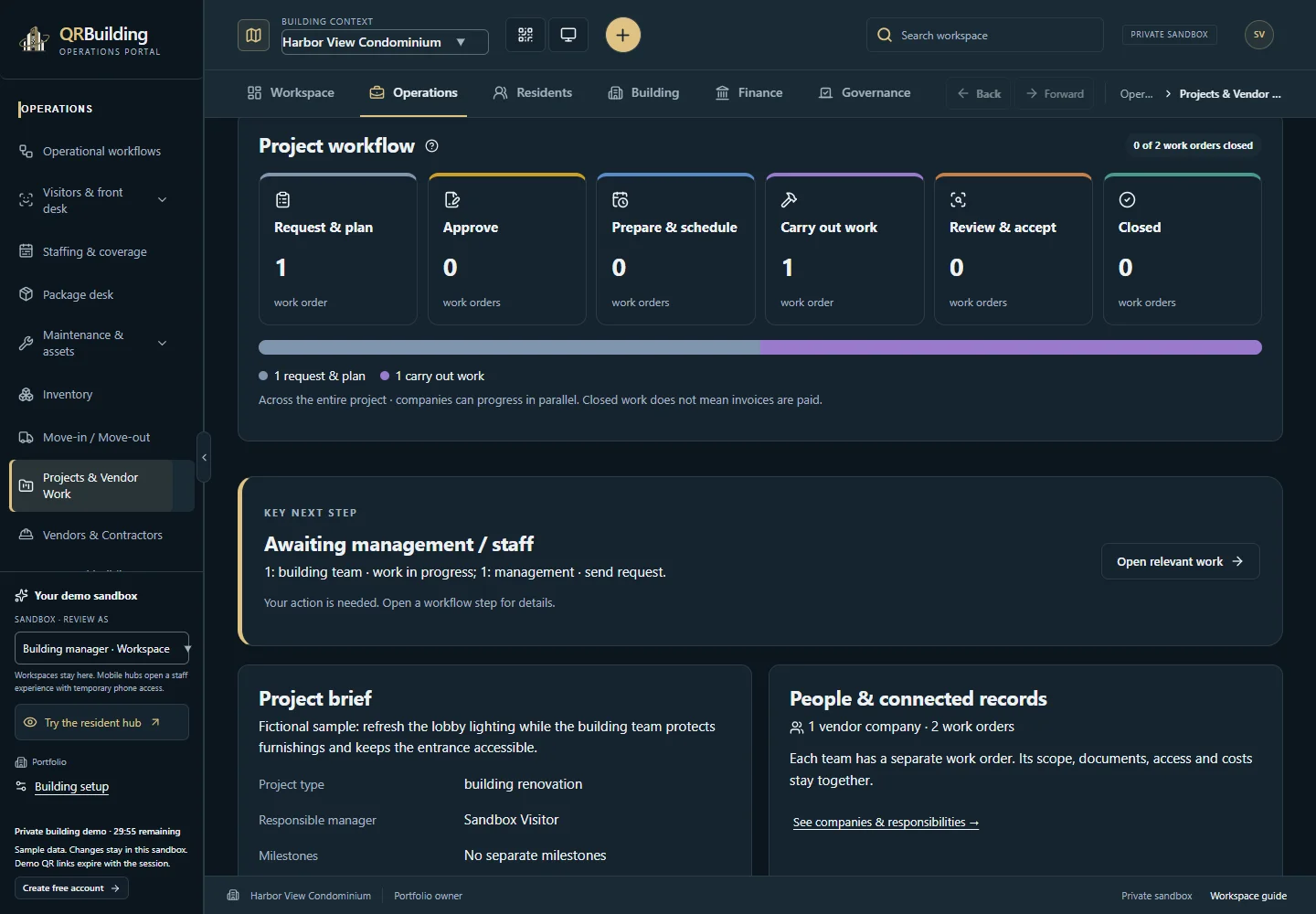 Operations Portal · project responsibilities and handoffs. Management sees the project’s connected work orders, current owners and next actions. Contractors and the building team can progress separately without losing the overall project context.