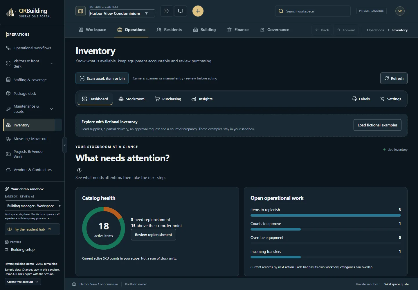 Inventory workspace with stock position and purchasing summaries for the demo building.