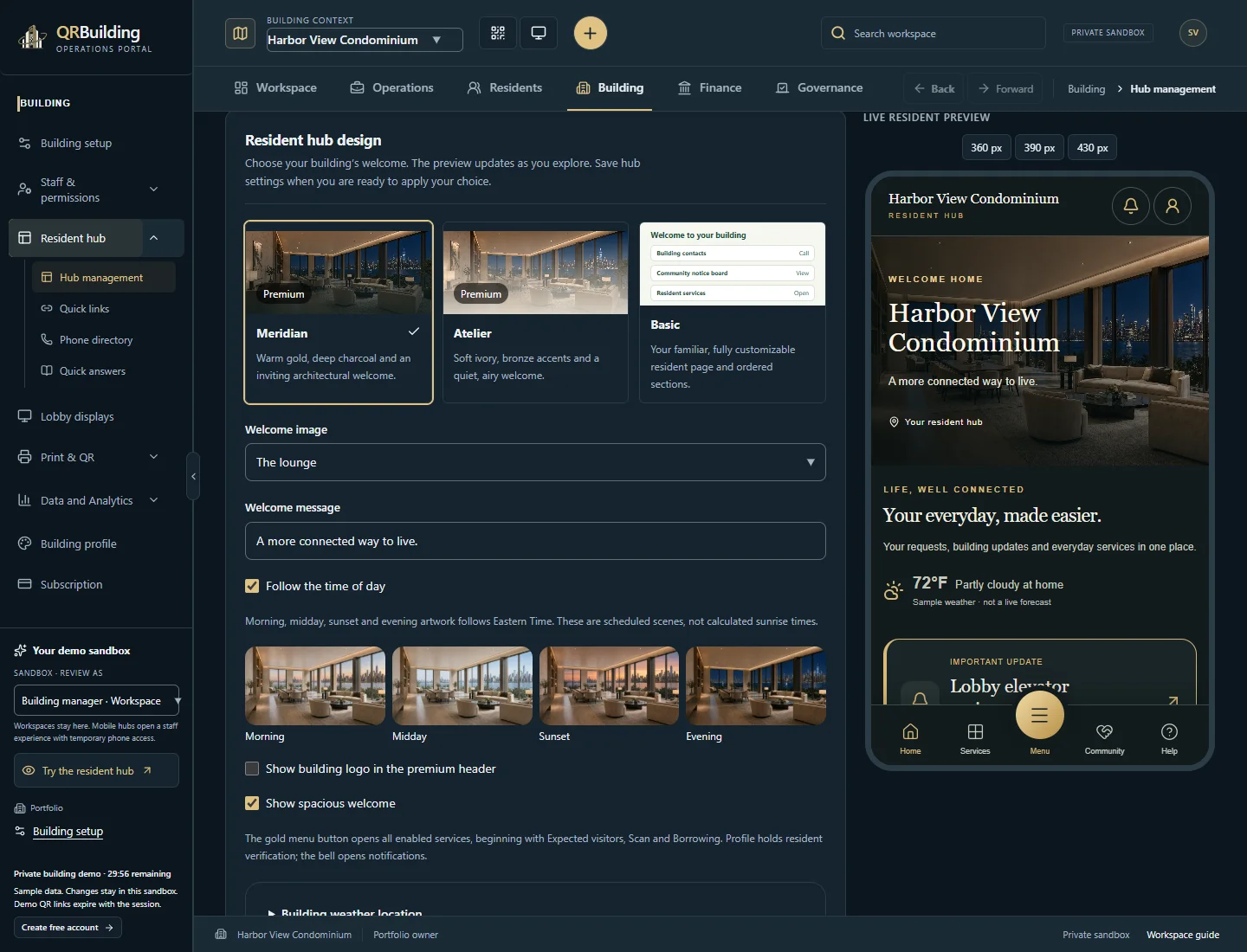 Operations Portal · premium hub and time-of-day choices. Management selects the resident hub design and previews morning, midday, sunset and evening artwork. The welcome follows the building’s time zone while its services and notices stay in place.