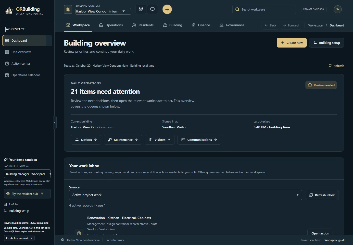 Building operations dashboard with open work, notices, packages and upcoming events.
