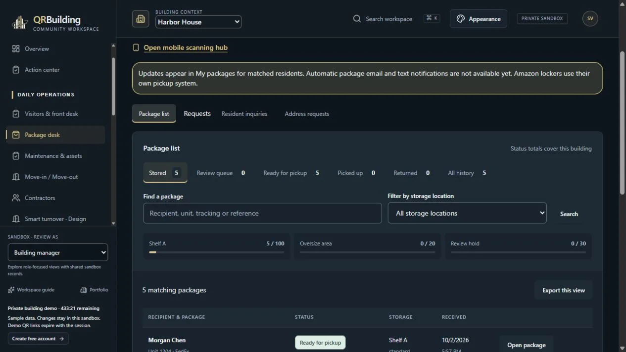 Package management workspace with storage locations, status filters and a package register.