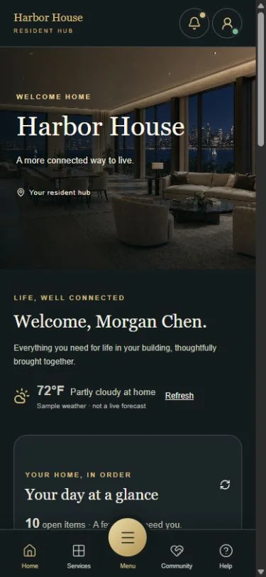 Premium Resident Hub home with a time-themed welcome, resident greeting and activity overview.
