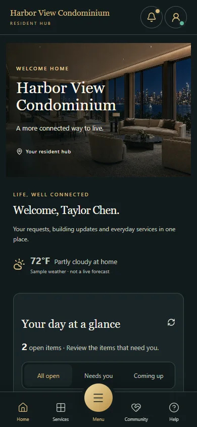 Mobile Resident Hub with a verified welcome and fictional sample weather.