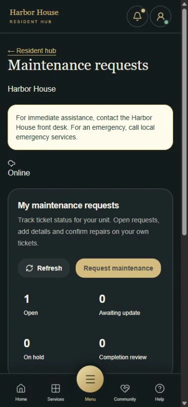 Resident maintenance page with a personal ticket summary and request button.