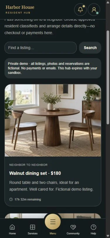 Resident marketplace showing a photographed walnut dining-set listing.