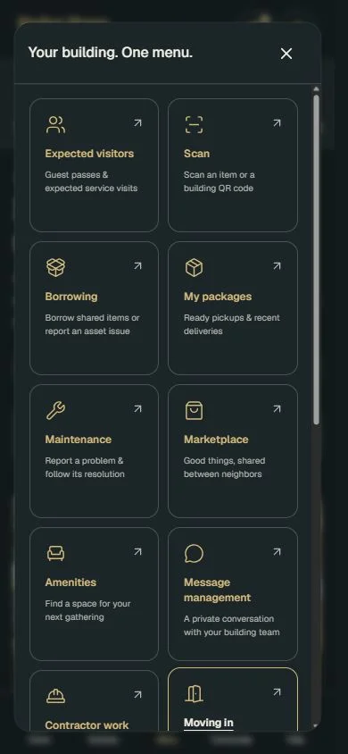 Premium Resident Hub main menu with expected visitors, scan, borrowing, packages and other enabled services.