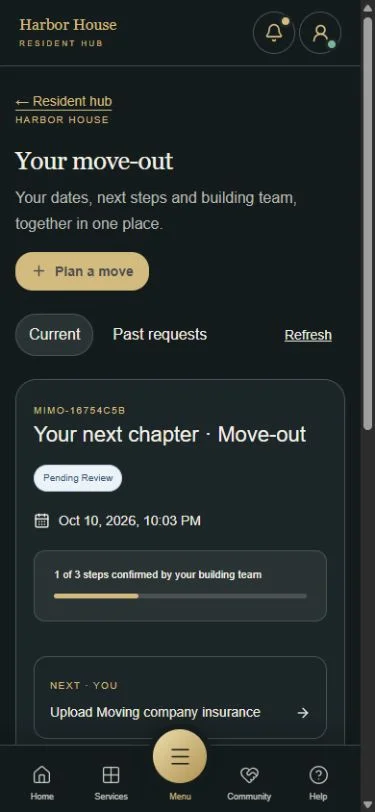 Resident move-out request with progress and document upload next steps.