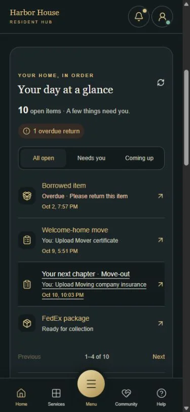 Resident activity overview with open requests, a ready package and an overdue return.