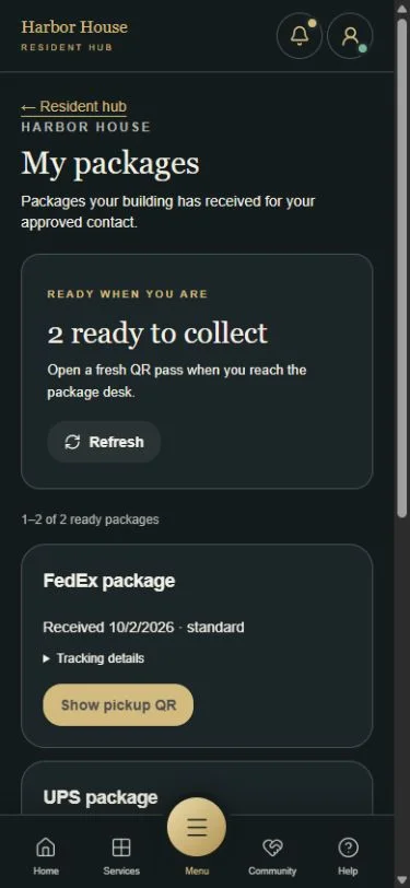 Verified resident package page showing two ready packages and a pickup QR action.