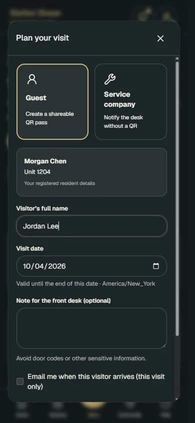 Create a guest pass in Resident Hub. Registered host details are already filled in. Add the visitor and date to prepare a shareable pass for one visit.