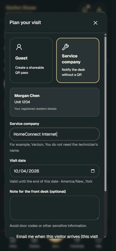 Schedule a service visit in Resident Hub. Expect a company without knowing the technician’s name. The desk receives the visit record; this path does not generate a guest QR pass.