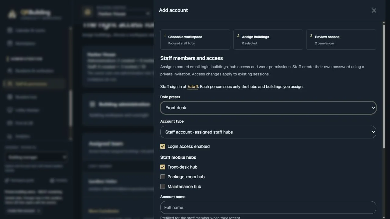 Assign staff roles and building access. Choose a staff preset, its mobile hubs and assigned buildings. Review permissions before creating an invitation.