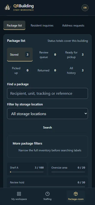 Phone-sized package Staff Hub with package counts, search and storage filters.