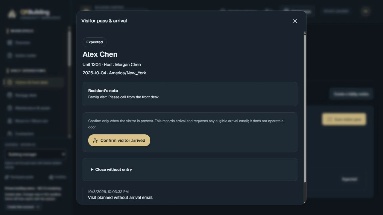 Review a visitor arrival in Operations Portal. Staff review the expected guest and resident note before confirming arrival. The pass records a visit; it does not unlock a door.