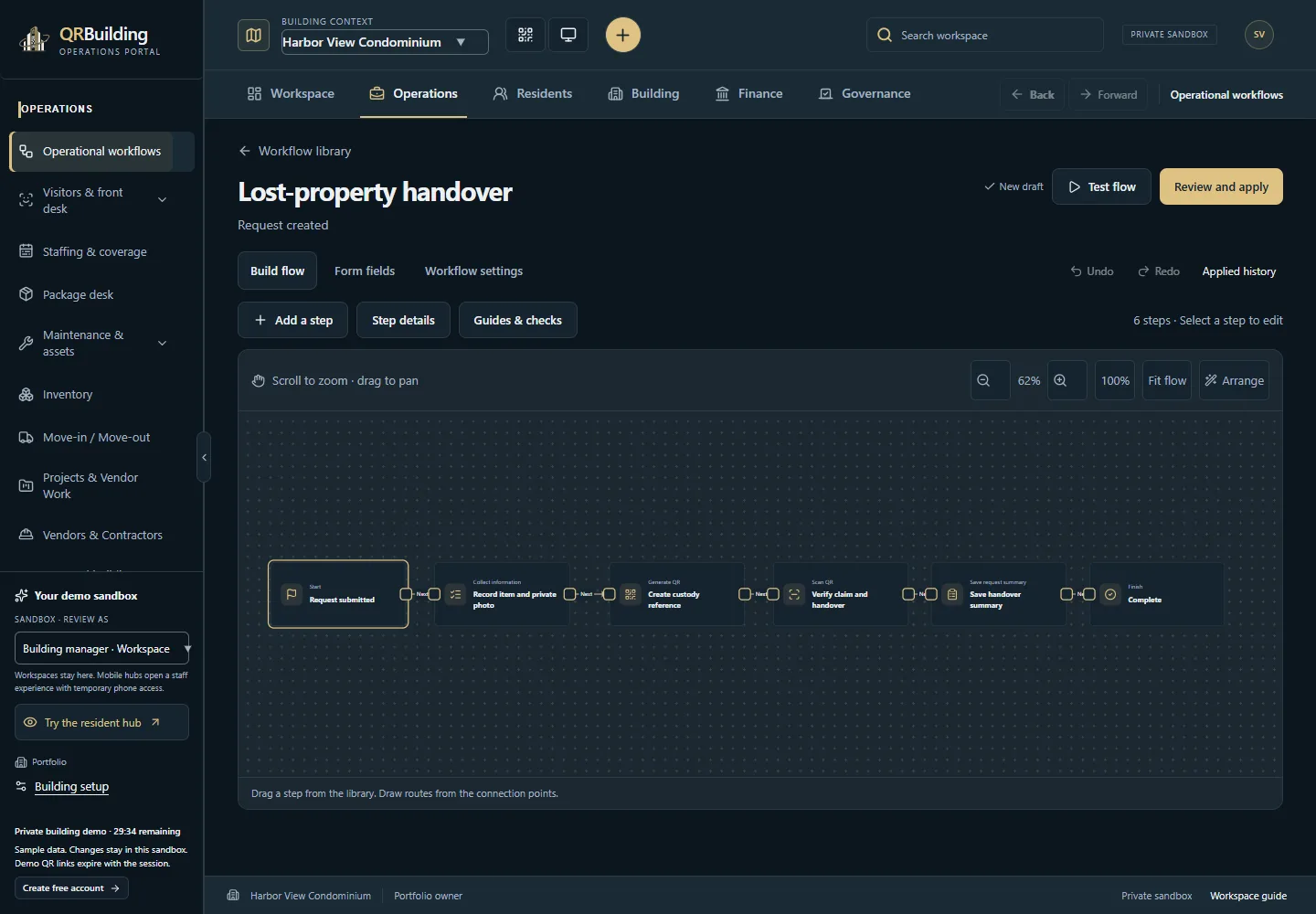 Focused custom workflow canvas with connected steps and zoom controls.